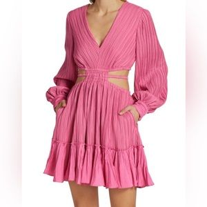 SIMKHAI Londyn Pleated Waist Cut-Out Minidress Hot Pink, Medium